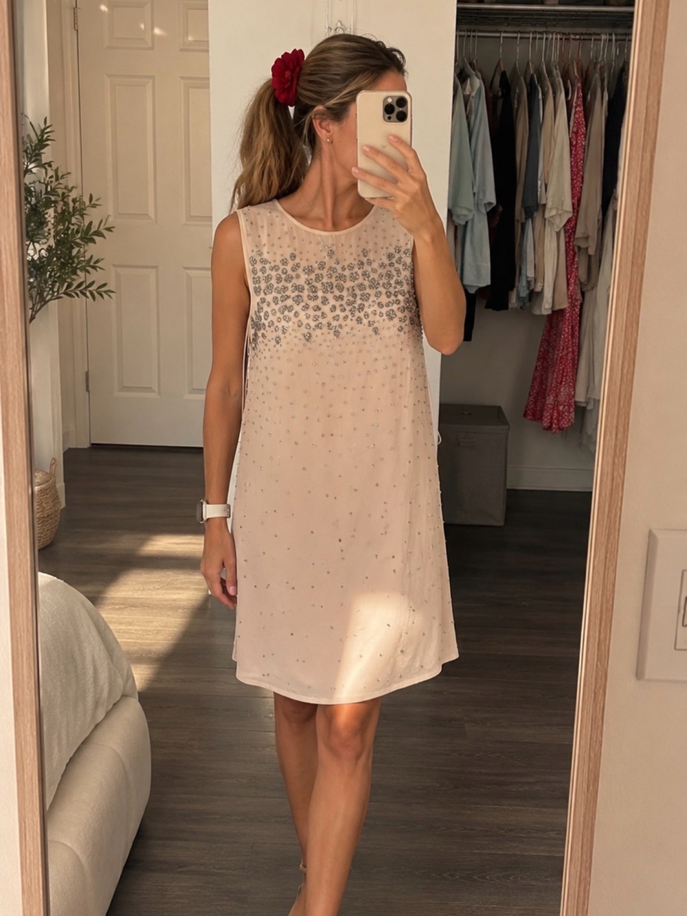 Mango beige beaded chiffon shift dress
